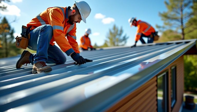 Skilled workers install metal roof parts under clear blue skies, ensuring durability and weather resistance.
