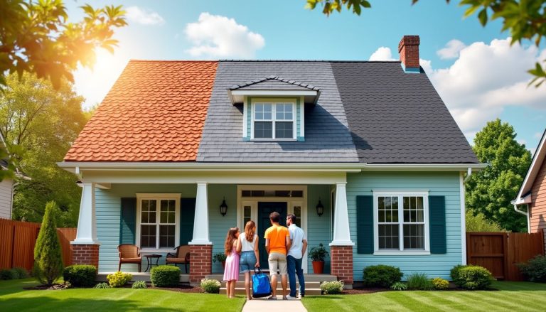 A family admires the innovative roofing design showcasing a unique blend of red tiles and black shingles.