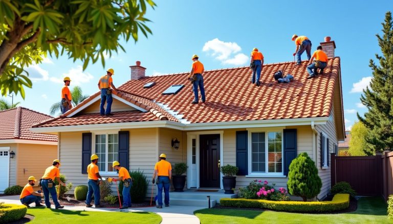 Skilled professionals in action during a tile roof restoration, bringing durability and beauty back to this home.