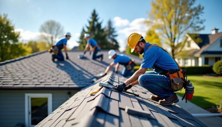 Skilled professionals work on replacing shingles, highlighting the average cost to tear off and replace a roof.