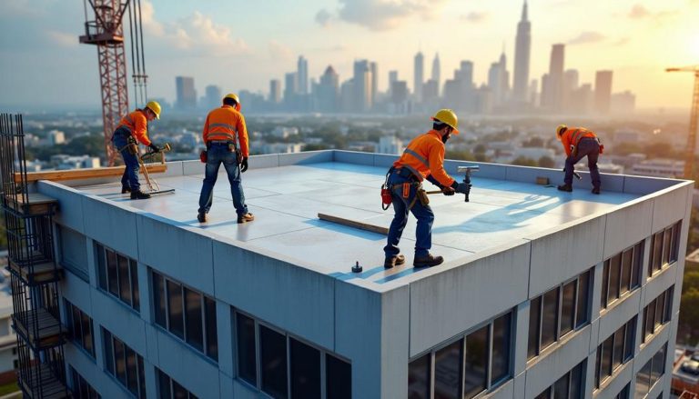 Skilled workers diligently carry out a commercial roof replacement against a stunning city skyline backdrop.
