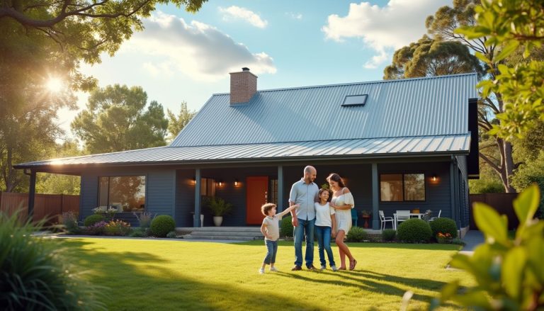 A happy family enjoying the outdoors in front of their modern home with a sleek metal roof. Do metal roofs make house hotter? With the right insulation, they're as energy-efficient as they are stylish!