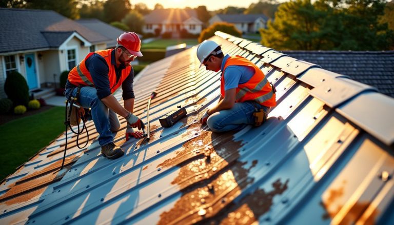 Dedicated professionals at work in the early morning light, ensuring a seamless metal roof restoration.