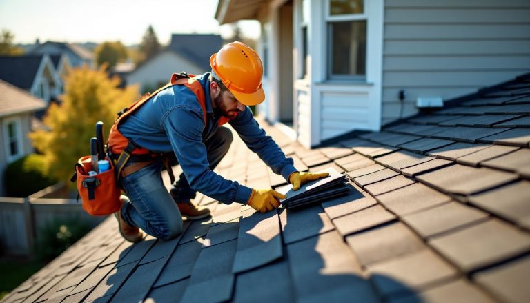 A skilled worker focuses on roof restoration, ensuring every shingle is perfectly in place.