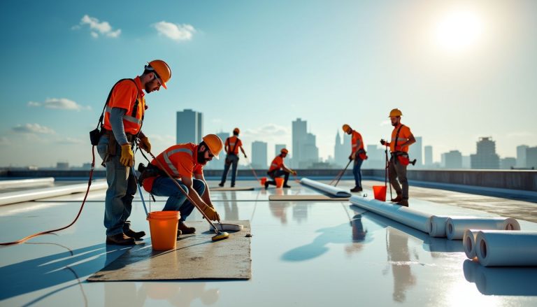 Skilled workers apply the finishing touches during a commercial roof restoration project.