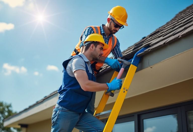 Teamwork in action: Roof repair under the summer sun with essential ladder safety maintained.
