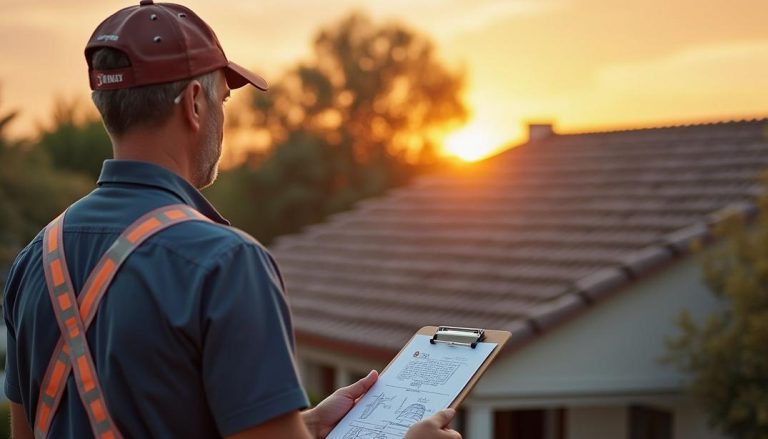 A professional assesses a Gilbert home's roof at sunset