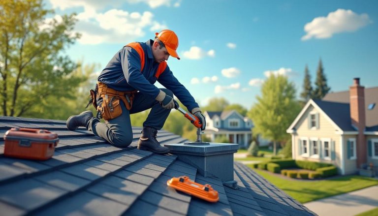 A skilled worker focuses on a roof flashing repair, ensuring the home remains protected from the elements.