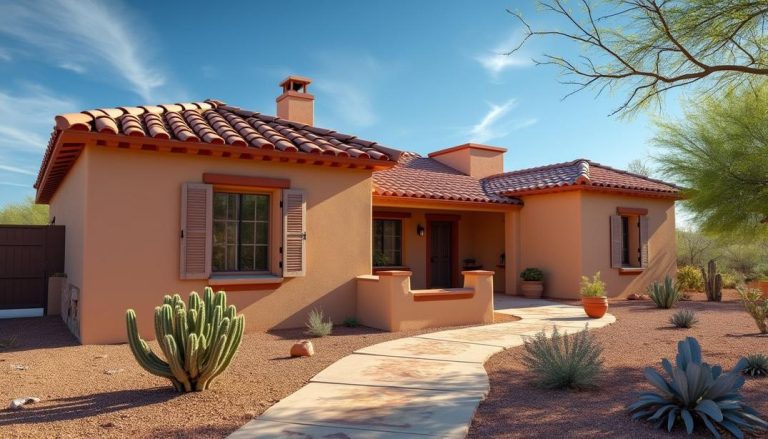 A charming desert home with traditional tile roofs in Arizona, blending beautifully with the vibrant landscape.