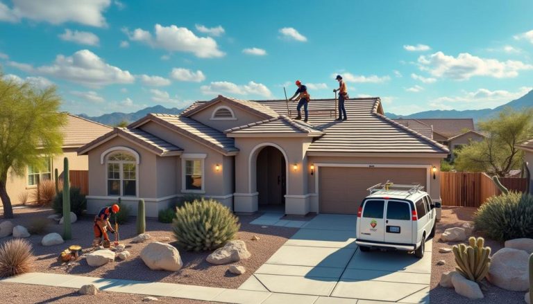 Roofers at work on a sunny Arizona day make you wonder, "How much does a new roof cost in Arizona?"
