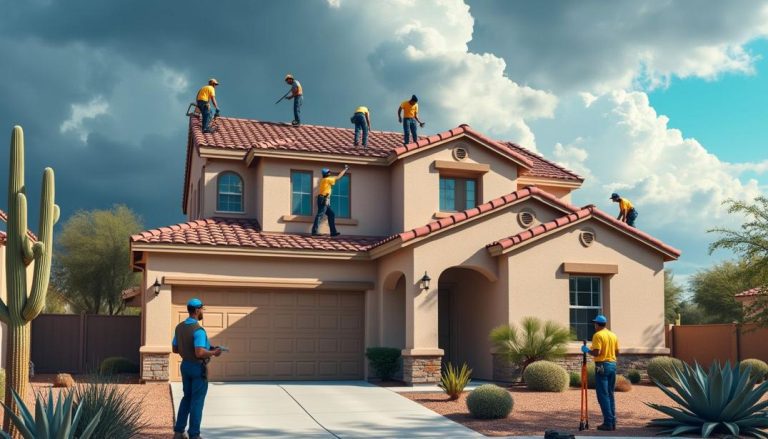 Local workers are diligently preparing your Tucson roof for monsoon season, ensuring your home stays safe and dry amidst the stormy skies.